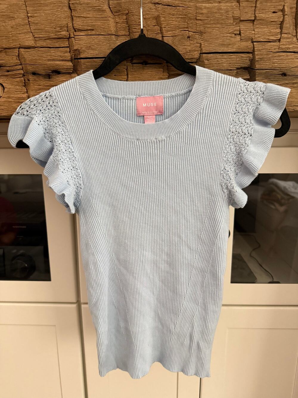 MUSE Republic Clothing Baby Blue Ribbed Flutter Sleeve Knit Top Small